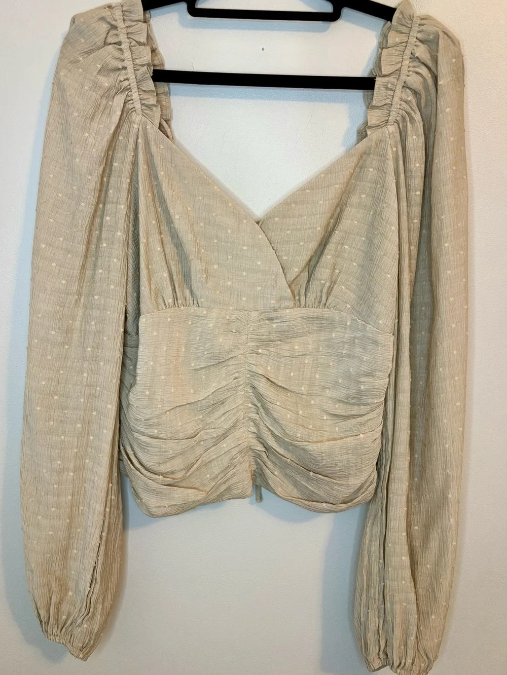 ASTR The Label Swiss Dot Ruched Long Sleeve Crop Top Beige L
